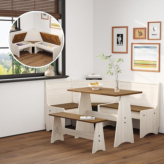 L-Shaped Breakfast Nook Table Set with Corner Bench & Storage
