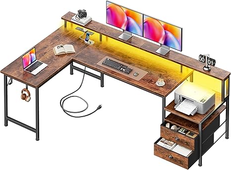 L-Shaped Gaming Desk with LED Lights, Power Outlets & Storage