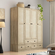 WOODTIME Rattan Armoire Wardrobe Closet with 7 Shelves, 5 Drawers & Hanging Bars, 59" L Wooden Wardrobe Clothes Storage Cabinet for Bedroom, Guest Room, Brown