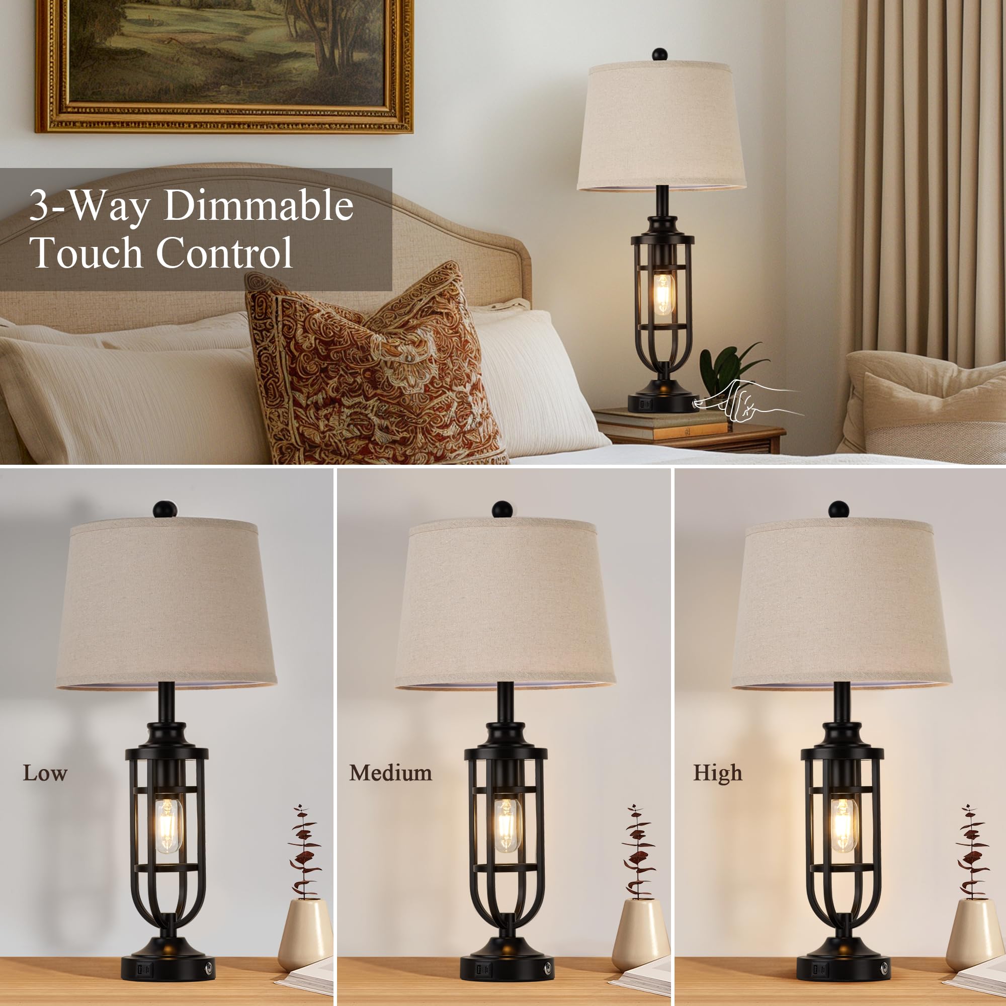 SRJJRS Black Table Lamps for Living Room Set of 2, 28" Farmhouse Lamps for Night Stands with USB A+C, Bedside Table Lamps for Bedroom, Bulbs Included