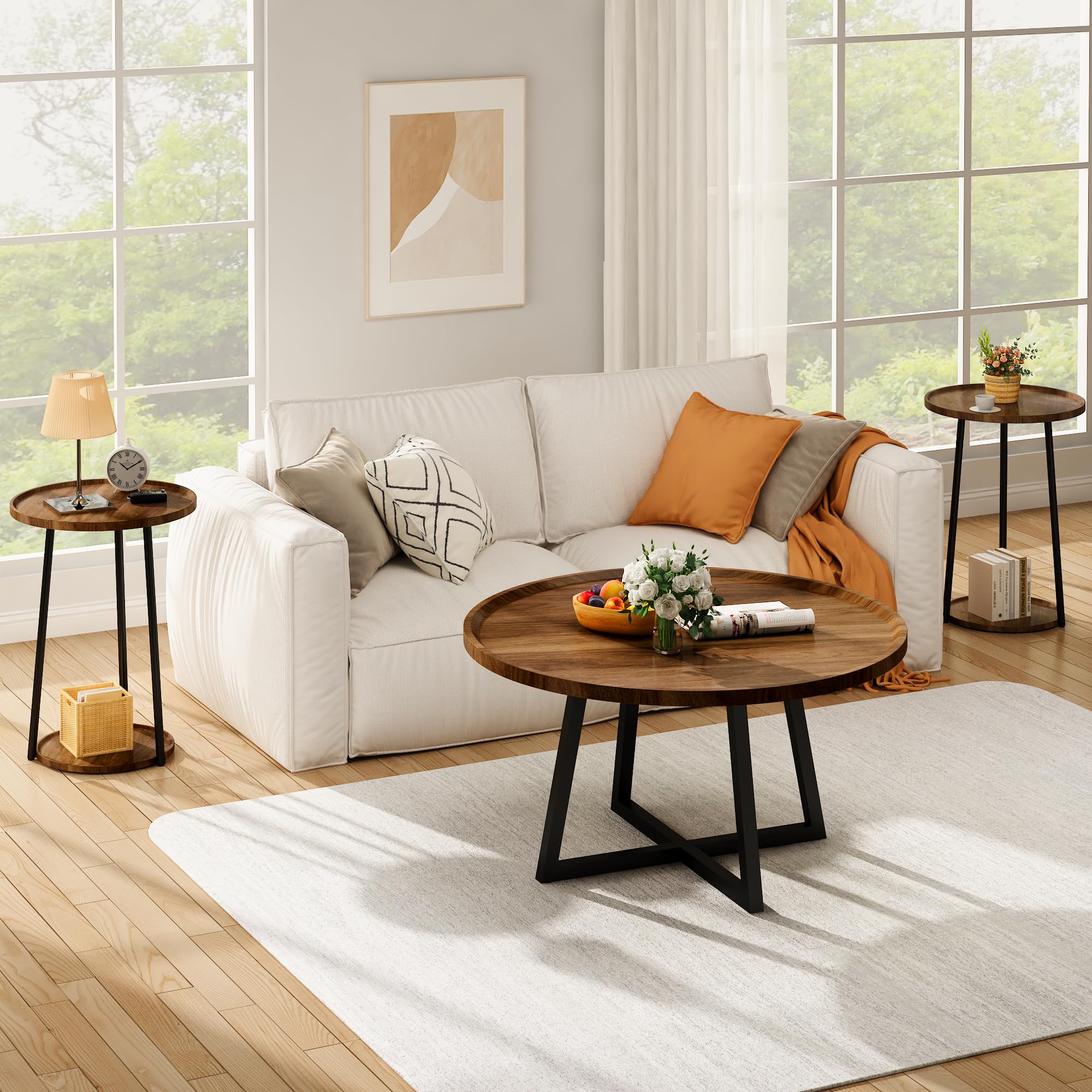 3-Piece Round Coffee Table & End Table Set – Vintage Industrial, Brown