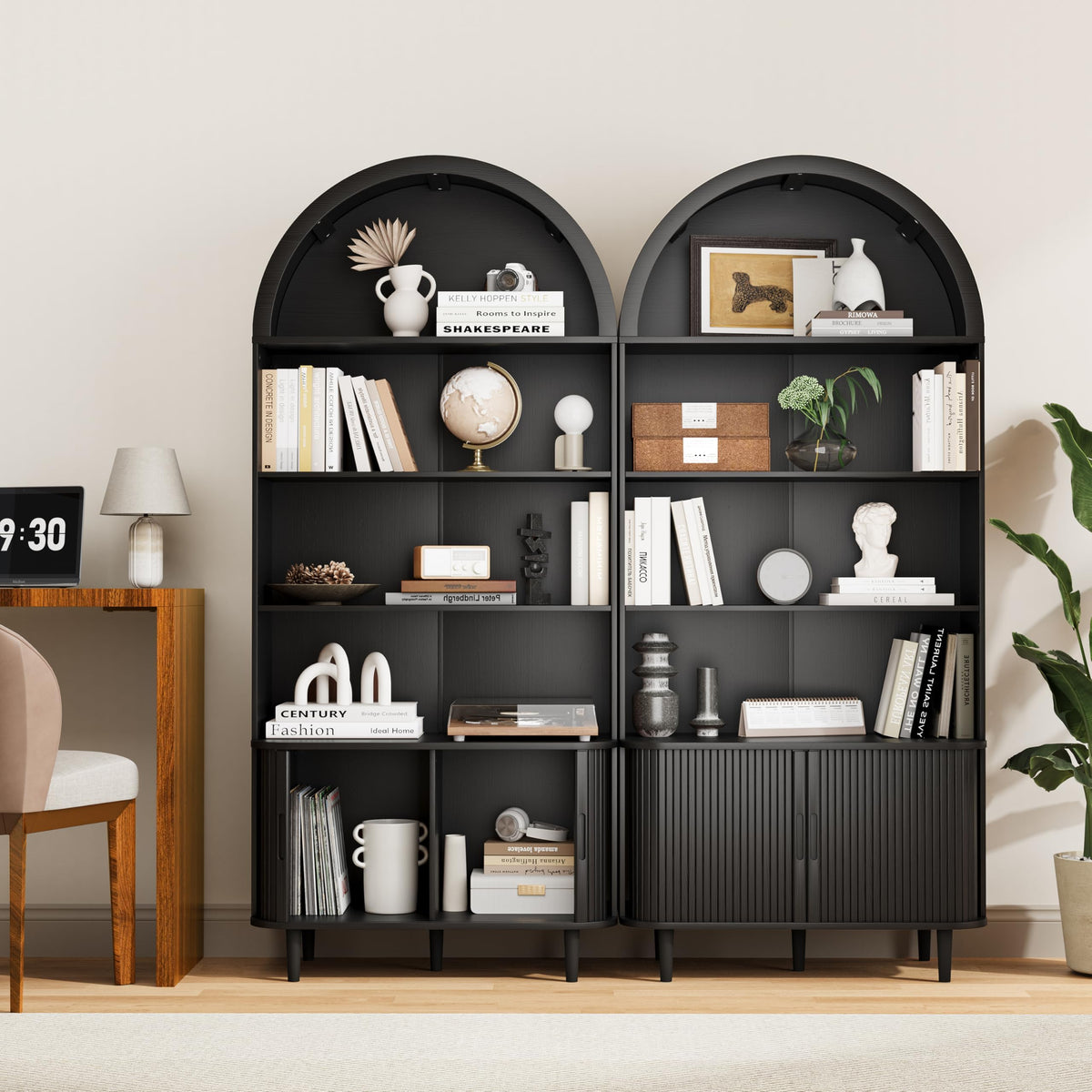 DHH 71" Tall Arched Bookshelf, 5 Tiers Arch Bookcase with Storage, Modern Farmhouse Book Shelf with Adjustable Shelves ＆Sliding Doors, Wood Display Cabinet for Living Room, Office (Black)