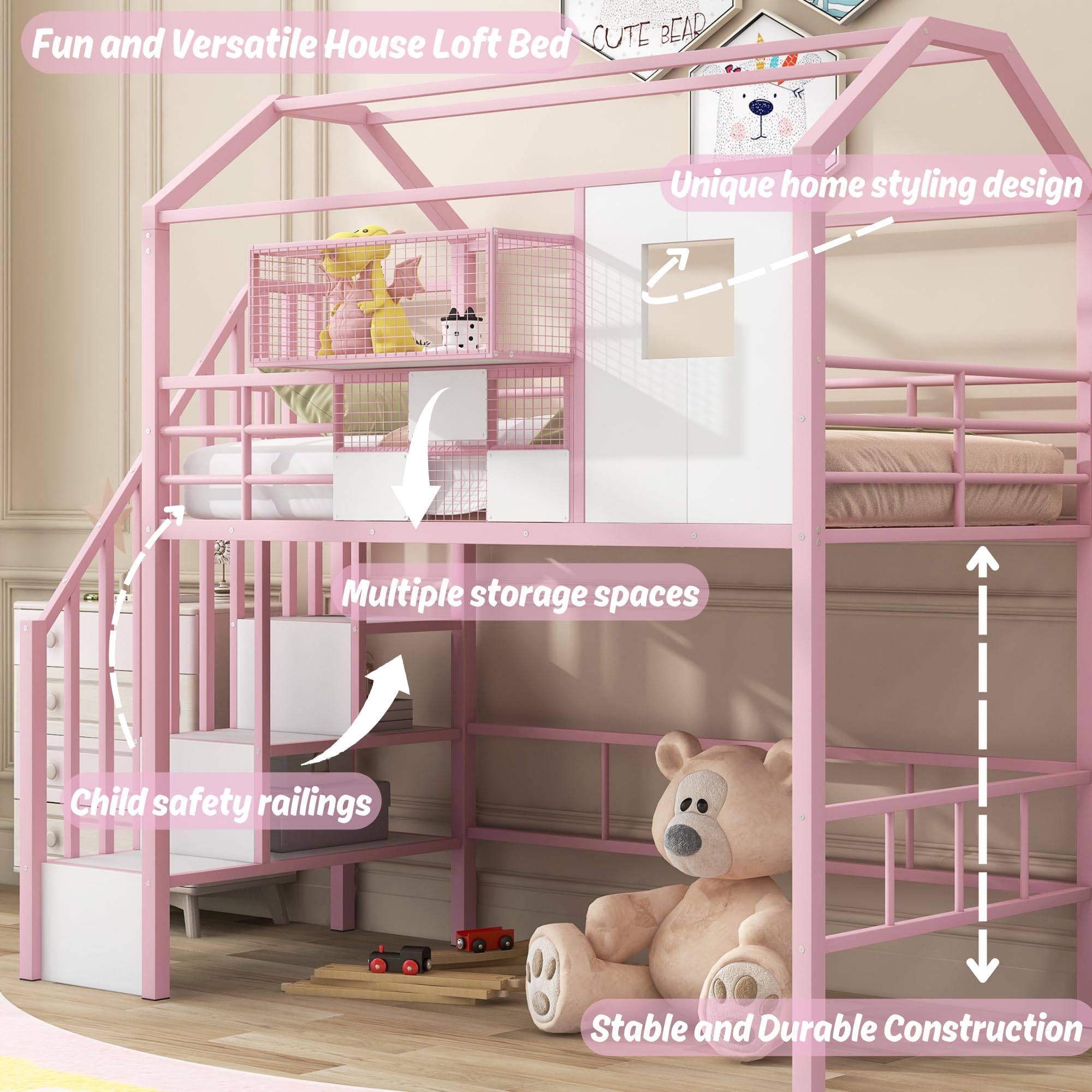 Twin Size House Loft Bed with Stairs & Storage