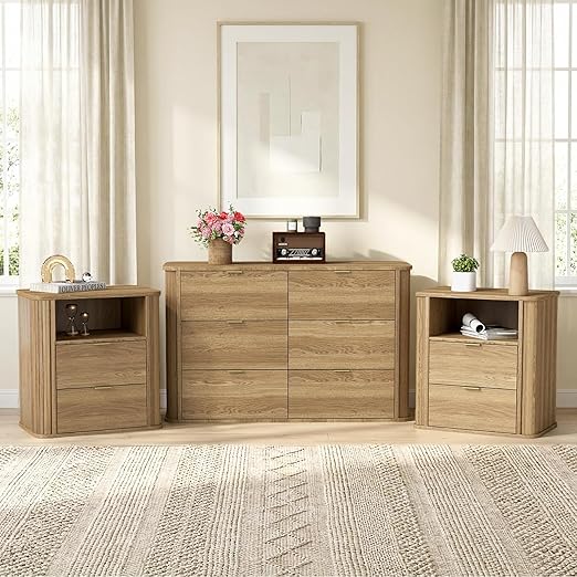 3-Piece Fluted Bedroom Set – 6-Drawer Dresser & 2 Nightstands