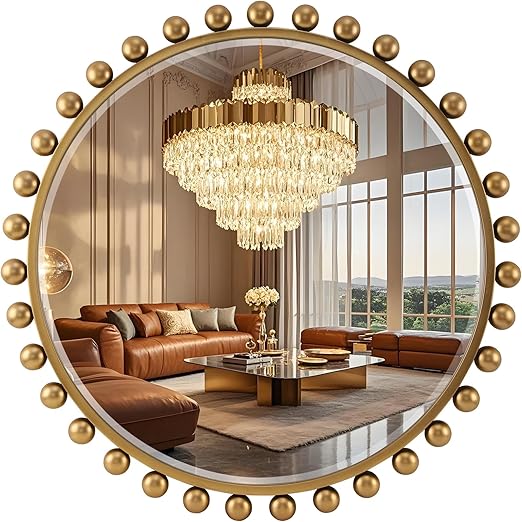 Wide Arch Wall Mirror with Antique Gold Ball Frame & Beveled Glass
