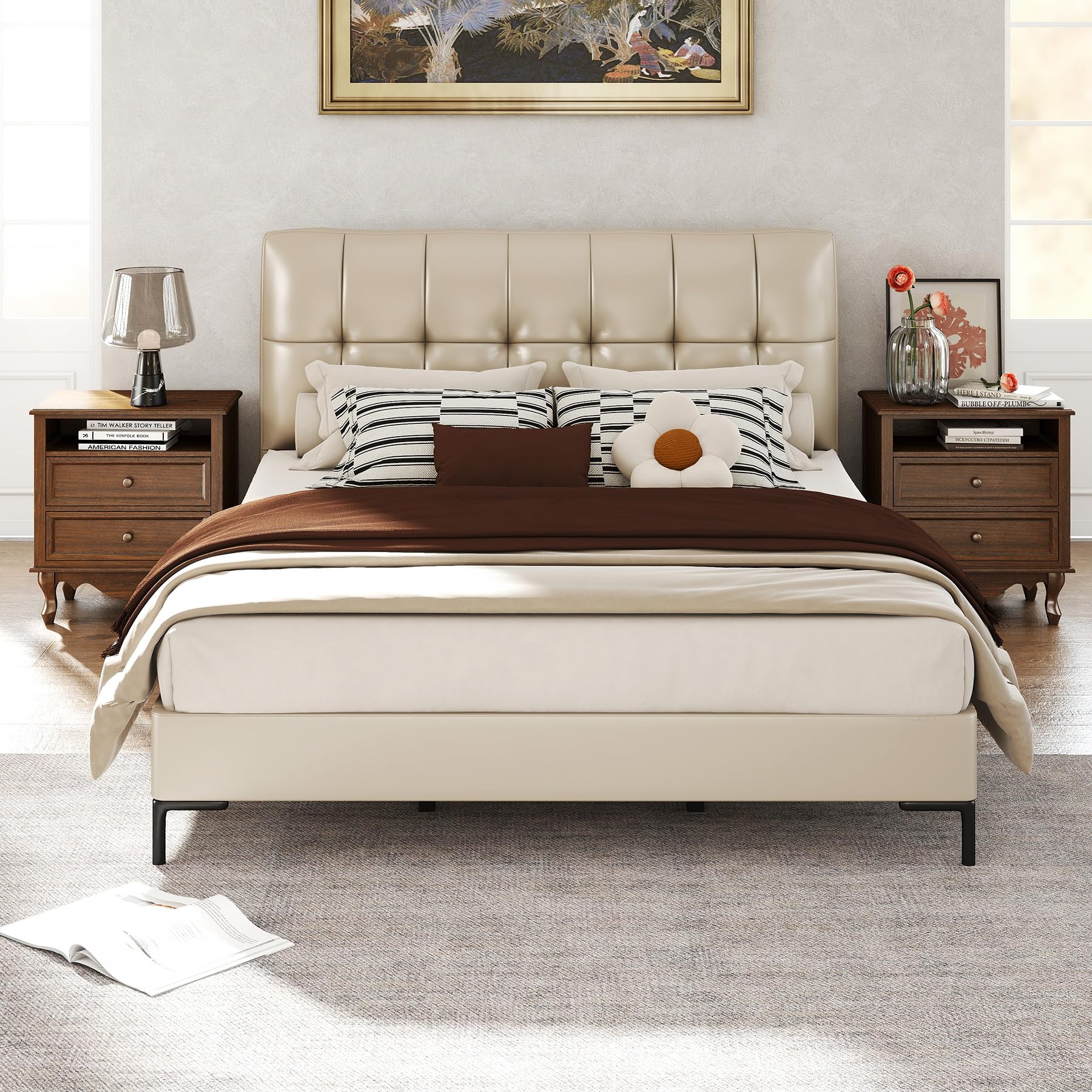 Nightstand with 2 Drawers, Open Shelf & Charging Station