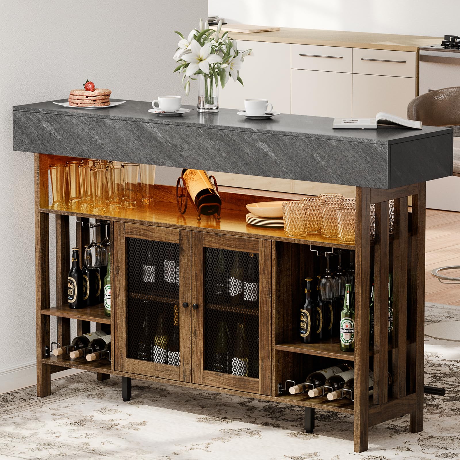 Bar Table Cabinet with LED Lights & Wine Storage