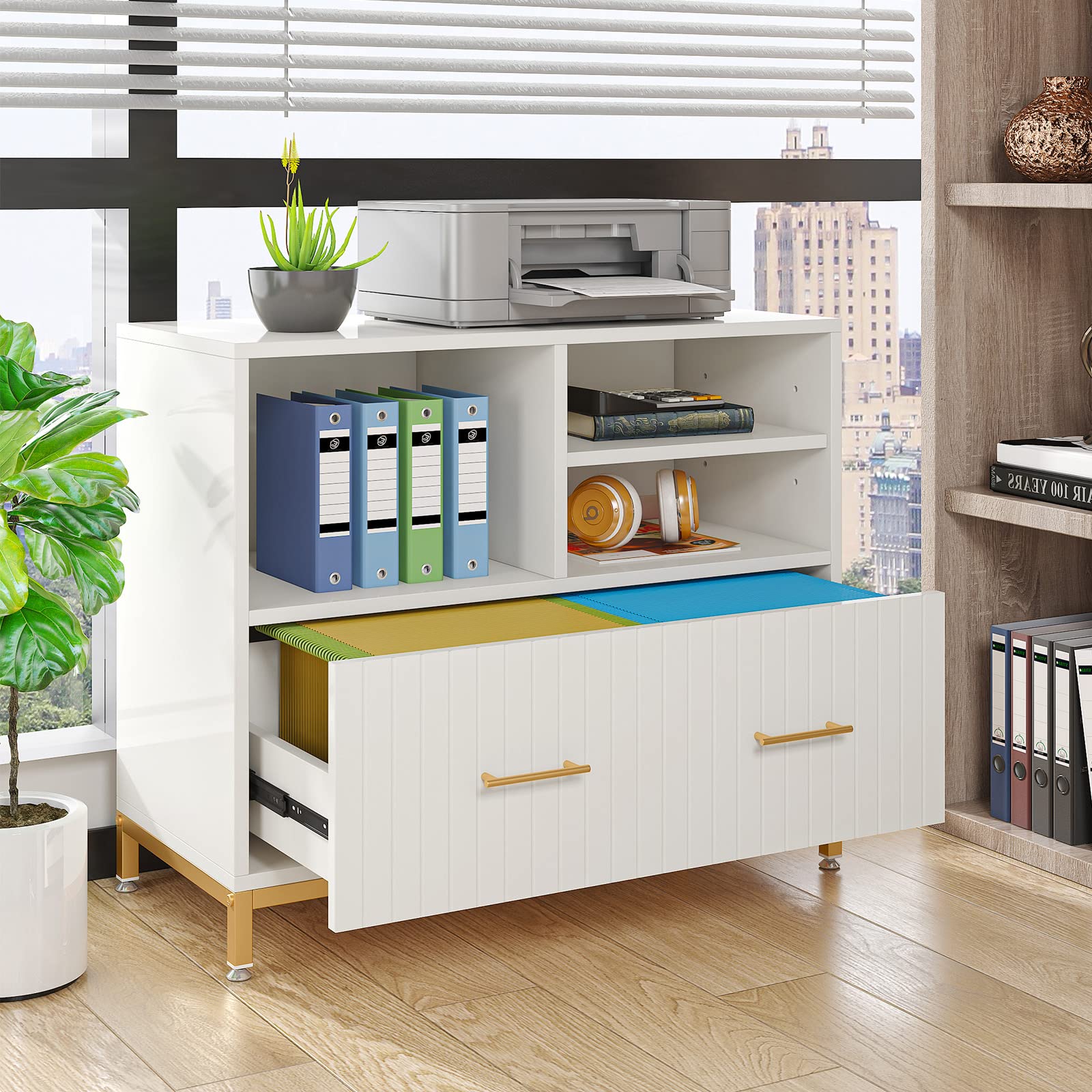 White Lateral File Cabinet with Drawer & Printer Stand