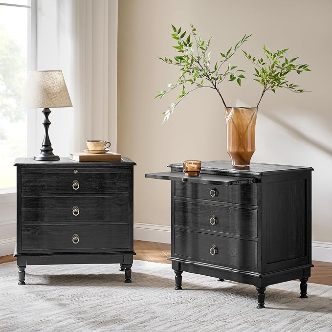 Solid Wood End Table with Charging Station & 3 Drawers