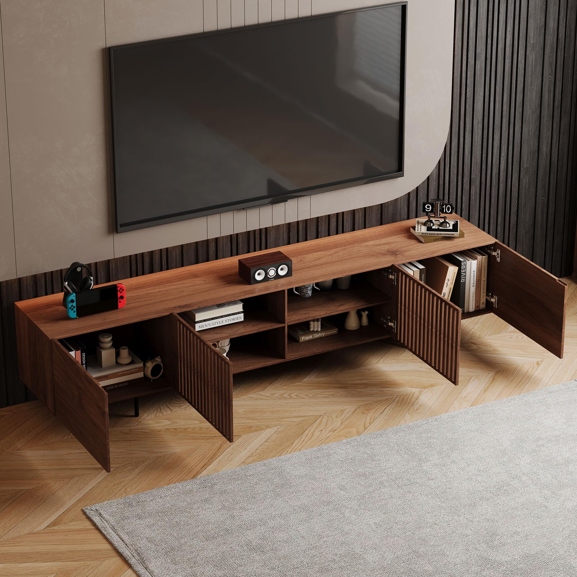 gaoyangjiaju 94.48" Mid-Century Modern TV Stand, Walnut Media Console with 4 Storage Cabinets, Entertainment Center for TVs up to 100 Inches, Ideal for Living Room or Bedroom