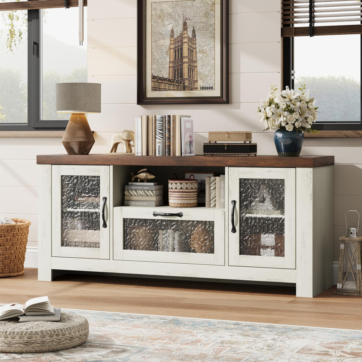 Garvee Farmhouse White & Brown TV Stand for 65 Inch TV for Living Room