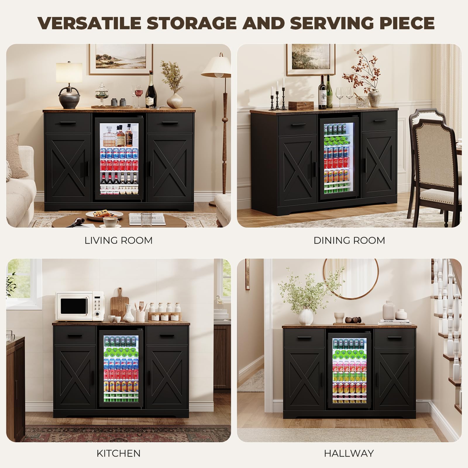 Aauro Home Large Coffee Bar Cabinet with Fridge (Fridge Included), 47'' Farmhouse Bar Cabinet with Wine Storage, Buffet Sideboard Table Station with 2 Drawers & Large Countertop for Home, Black