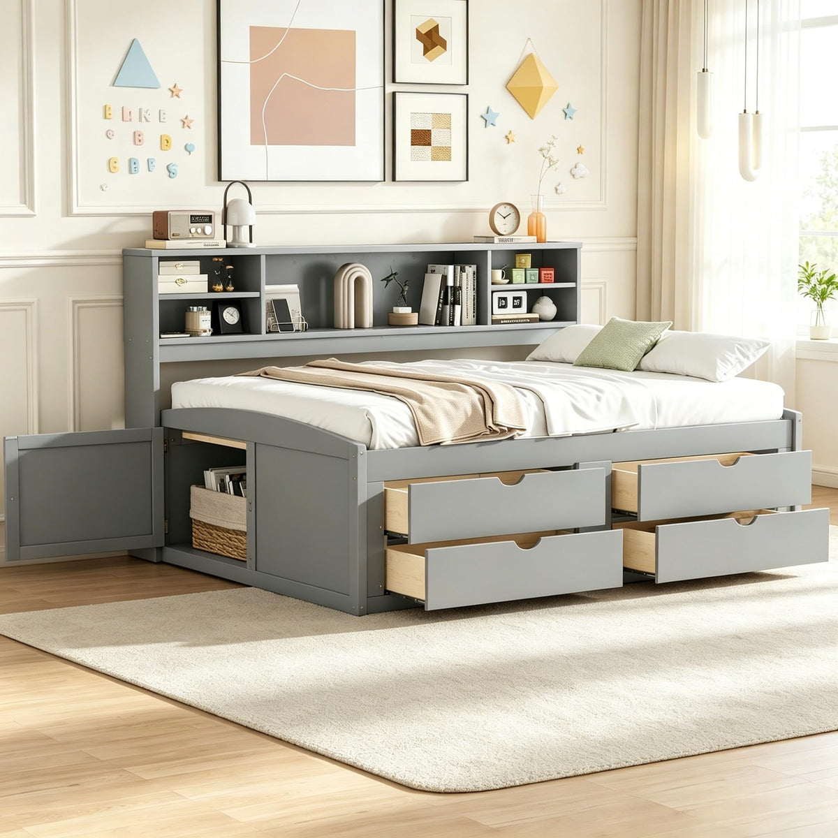 Full Storage Daybed with Drawers & Shelves