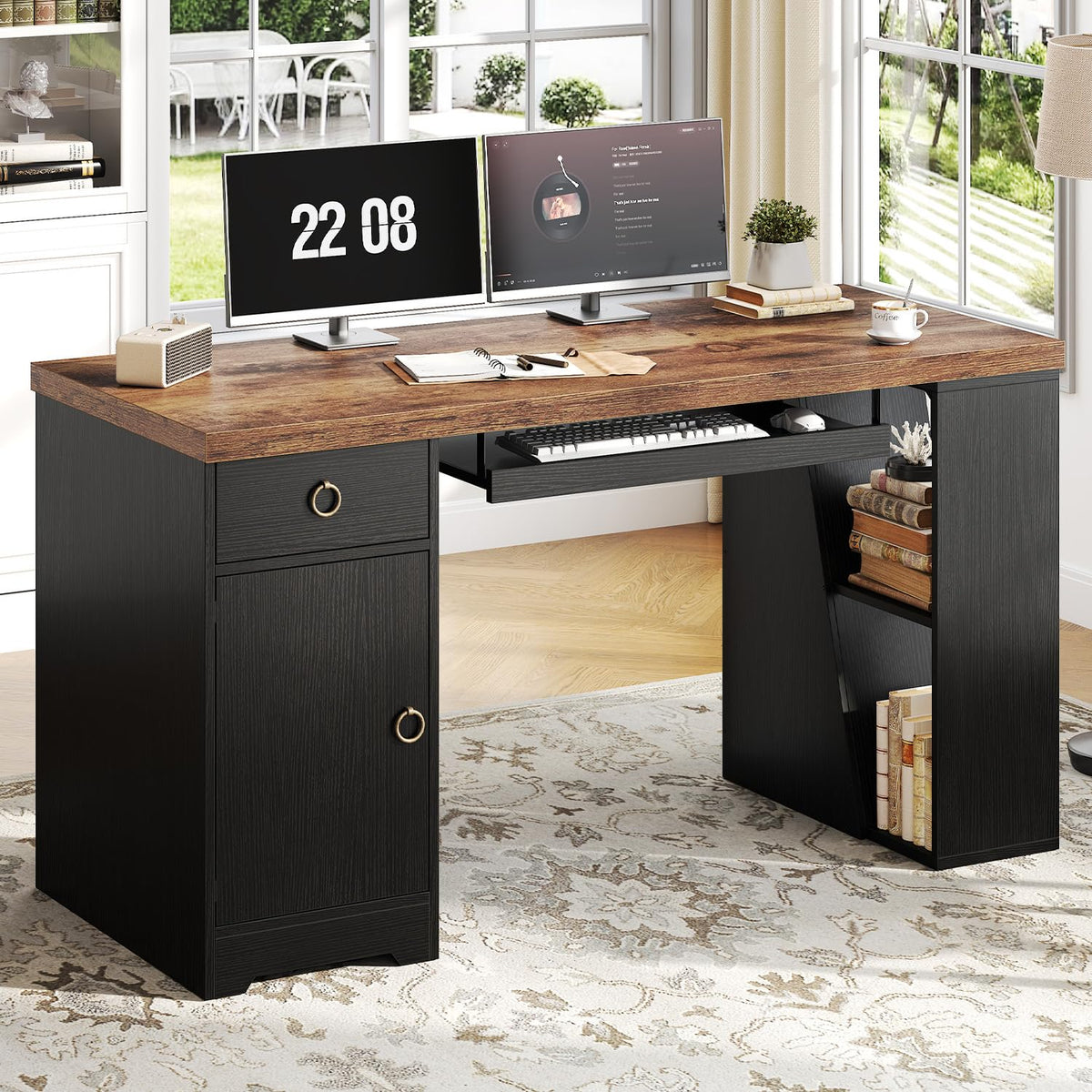 HSH Office Desk with Keyboard Tray in Home, Computer Desk with Storage 55"