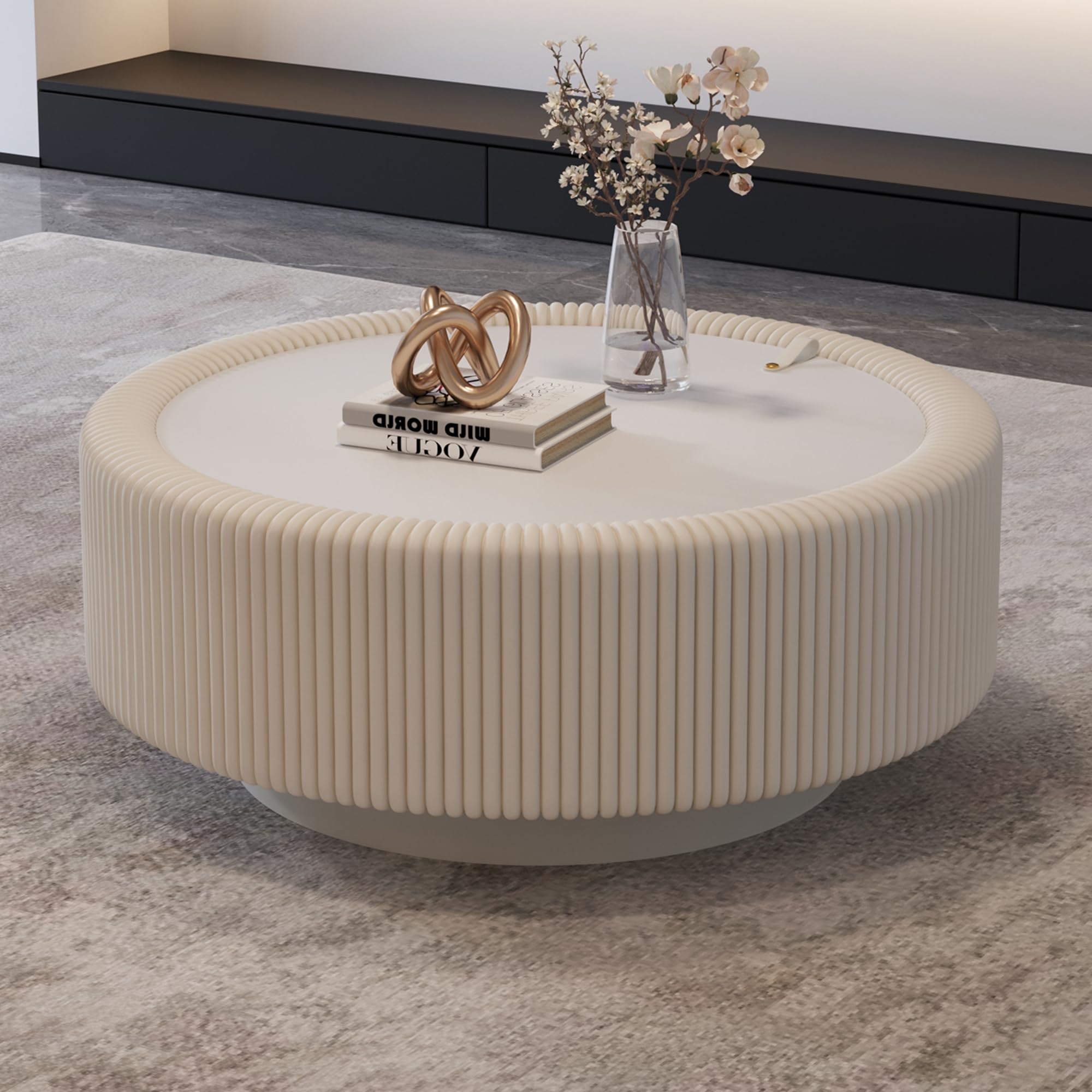 KEIKI Round Coffee Table with Tempered Glass Top, Fluted PU Leather Coffee Tables with Hidden Storage, Modern Accent Tea Table with Metal Base for Living Room Bedroom Small Space, White