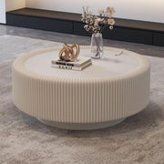 KEIKI Round Coffee Table with Tempered Glass Top, Fluted PU Leather Coffee Tables with Hidden Storage, Modern Accent Tea Table with Metal Base for Living Room Bedroom Small Space, White