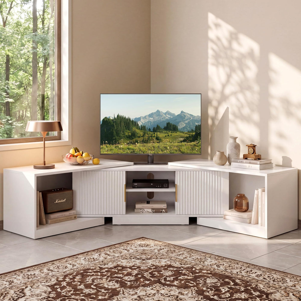 IRONCK TV Stand for 55-80 Inches TVs, 63"-84.6" Adjustable Length, Extendable Corner Entertainment Center with Storage Cabinets, Fluted Doors Modern Media Console, Ideal for Living Room, White