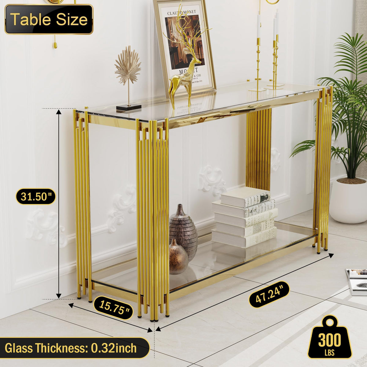 2-Tier Gold Glass Console Table
