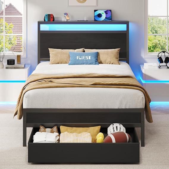 Metal Bed Frame with Storage Headboard, LED Lights & Charging Station