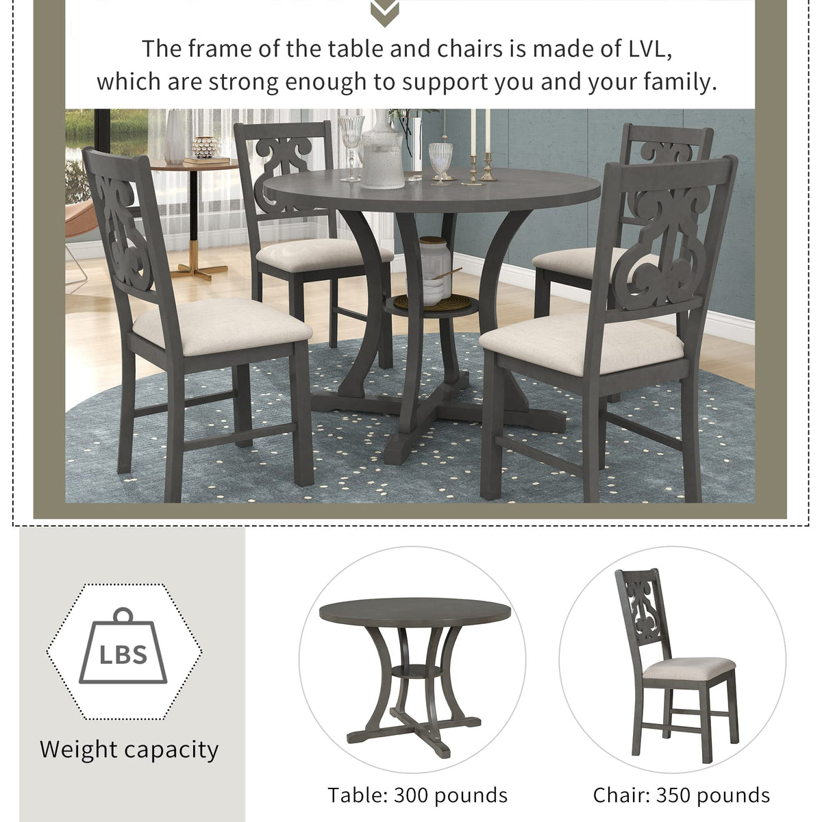 Merax 5 Piece Round Dining Table Set 4 Retro Chairs with Special-Shaped Table Legs, Exquisitely Designed Hollow Chair Back for Dining Room, Grey