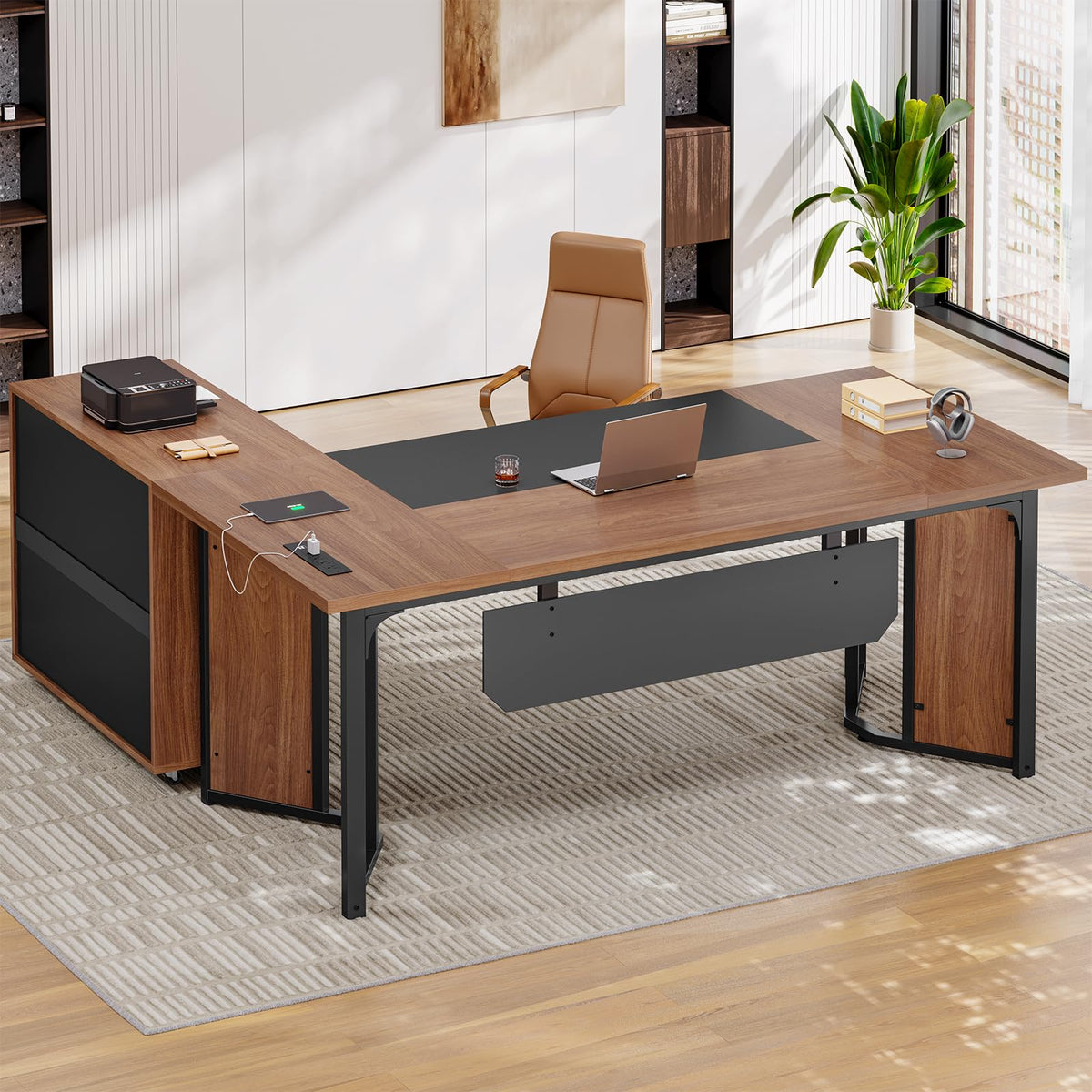 UPOSOJA 63" Executive Desk with Mobile File Cabinet, Large Office Desk with Drawer, Modern L Shaped Desk with Power Outlets, Storage Shelves, Corner Computer Desk Business Workstation Set (Walnut)