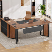 UPOSOJA 63" Executive Desk with Mobile File Cabinet, Large Office Desk with Drawer, Modern L Shaped Desk with Power Outlets, Storage Shelves, Corner Computer Desk Business Workstation Set (Walnut)