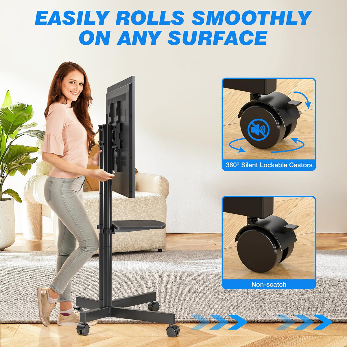 Rfiver Rolling TV Stand with Laptop Shelf, Mobile TV Stand with Upgraded Wheels for 32-75 Inch TVs, Height Adjustable Mobile TV Cart up to 88lbs, Portable TV Mount Stand for Outdoor, Home, Office