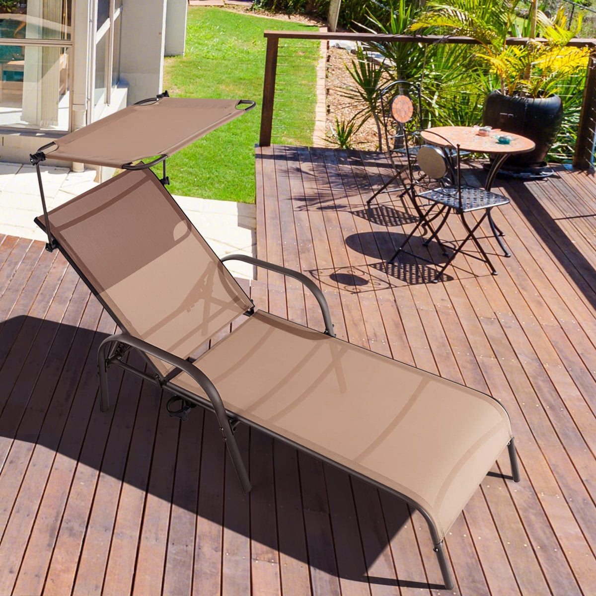 Byroce Patio Lounge Chair with Canopy, Outdoor Chaise Lounger with 5-Level Adjustable Backrest, Arms & Cupholder, Metal Tanning Recliner Chair for Beach, Poolside, Backyard, Garden (1)