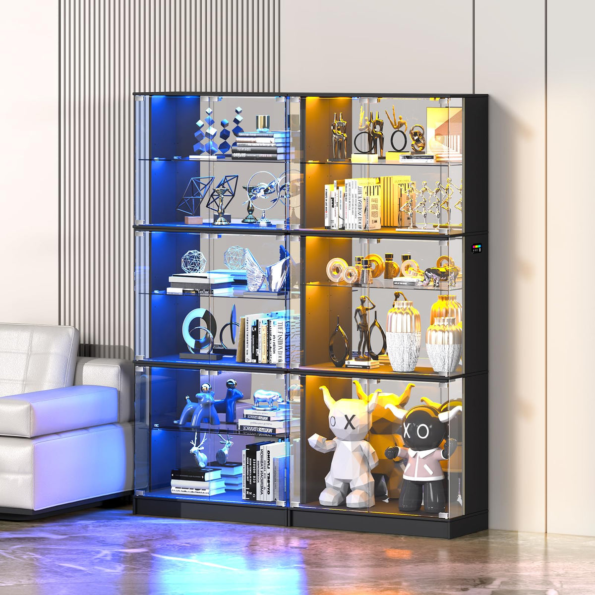 VersionTECH. 71'' Tall Display Cabinet with Glass Doors & RGB Lights, Black