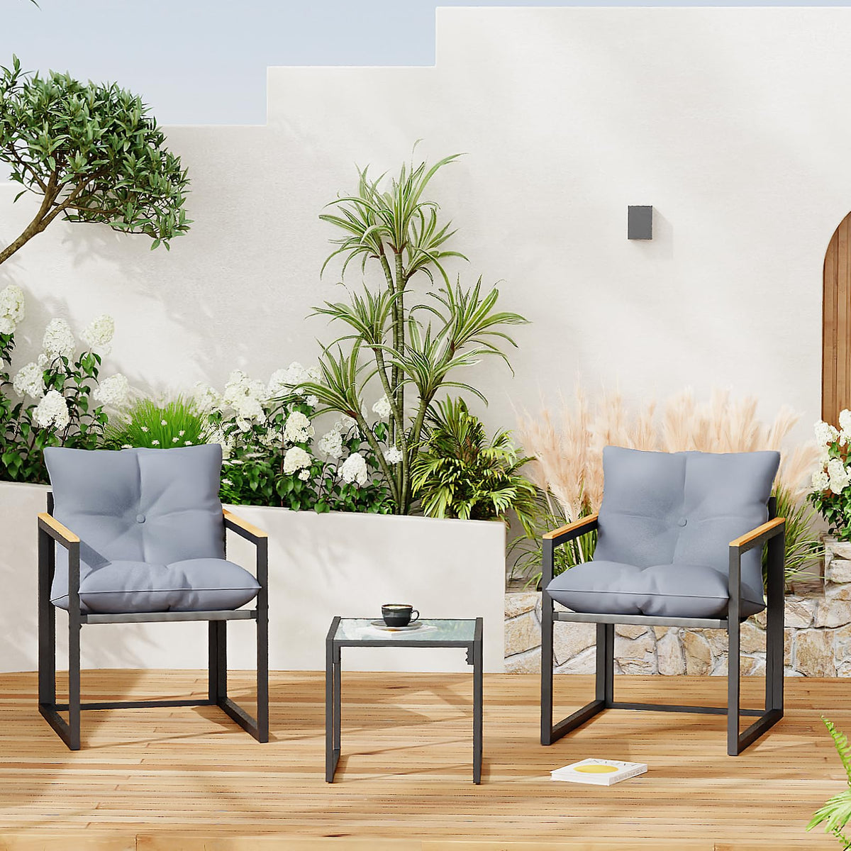 DIMOFAP Outdoor Patio Chairs Set of 2, Balcony Furniture for Apartment with Chairs & Table, Included Thick Comfy Cushions, Perfect for Porch, Balcony, Deck