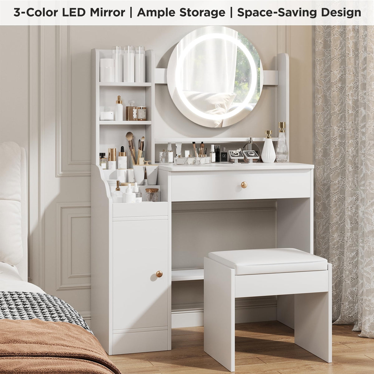 White LED Makeup Vanity with Stool