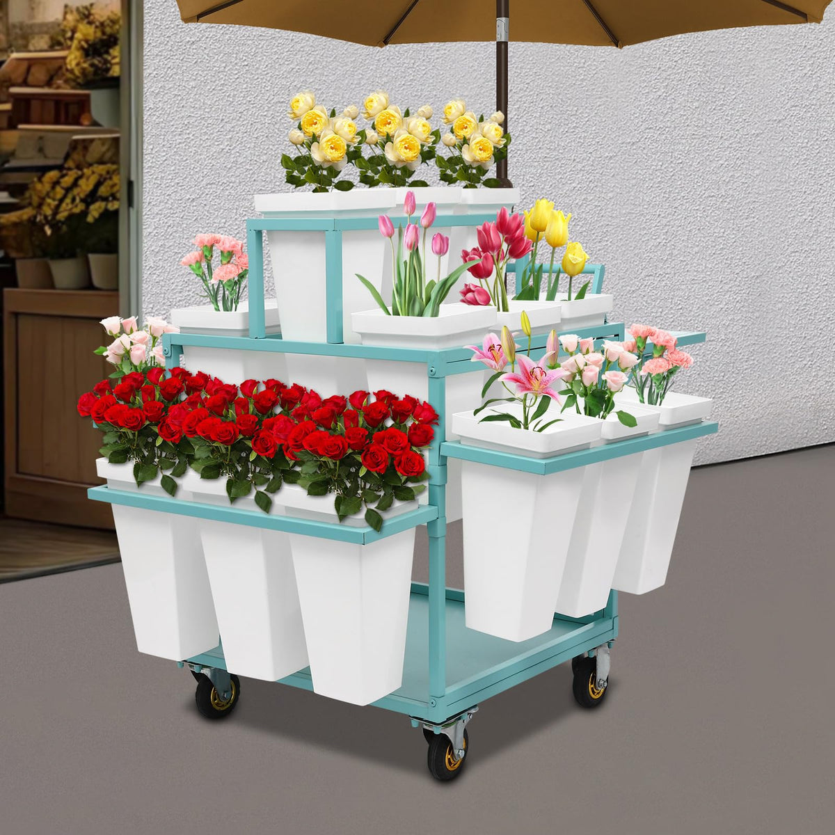 BAIODNB Flower Display Stand with Wheels,6 Layers Plant Display Stand With 18PCS Buckets Flower Cart, Moving Florist Bouquet Shelf Flower Rack for Indoor, Outdoor Patio Garden, Living Room (Blue)