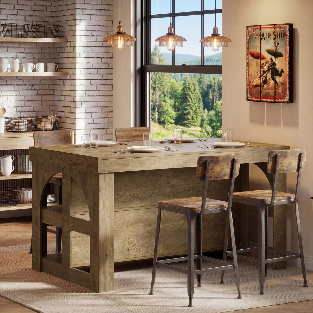 LITTLE TREE Kitchen Island with Storage, 55-Inch Large Stationary Center Island with Seating Space & 3 Shelves, Farmhouse Wooden Bar Table for Kitchen, Rustic Brown