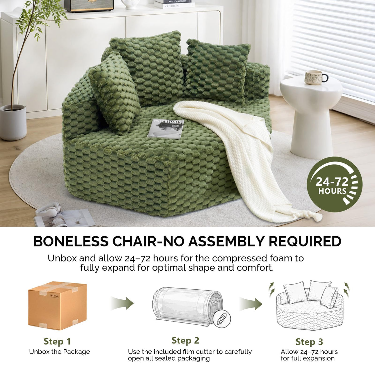 VINGLI Hexagon Boneless Chair, Modern Modular Chaise Lounge Sofa Bed, Corner Chair with Pillows, Plush Corduroy Upholstered Lazy Sofa for Living Room, Bedroom, Apartment, No Assembly Required
