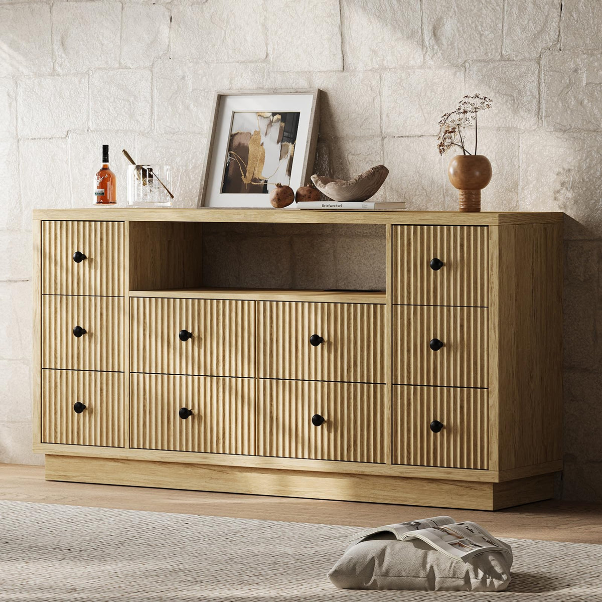 Vordwell Fluted Dresser TV Stand for Bedroom with 10 Drawers, Oak