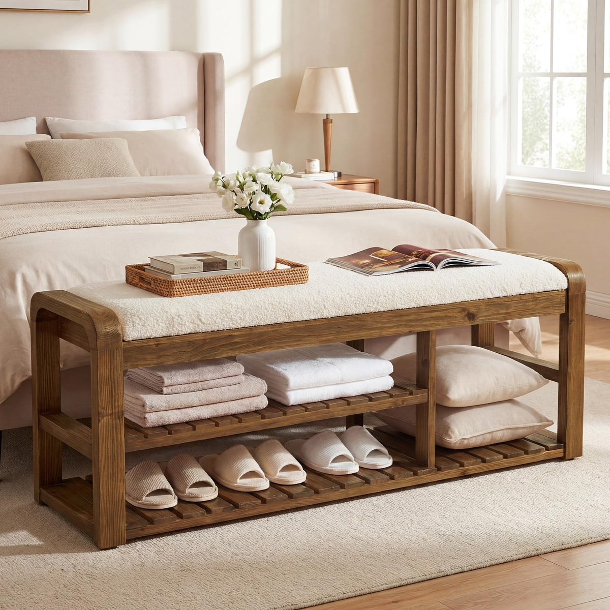 Solid Wood Shoe Storage Bench with Cushion