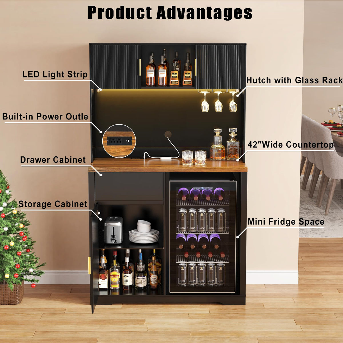 Fluted Bar Cabinet with Fridge Space