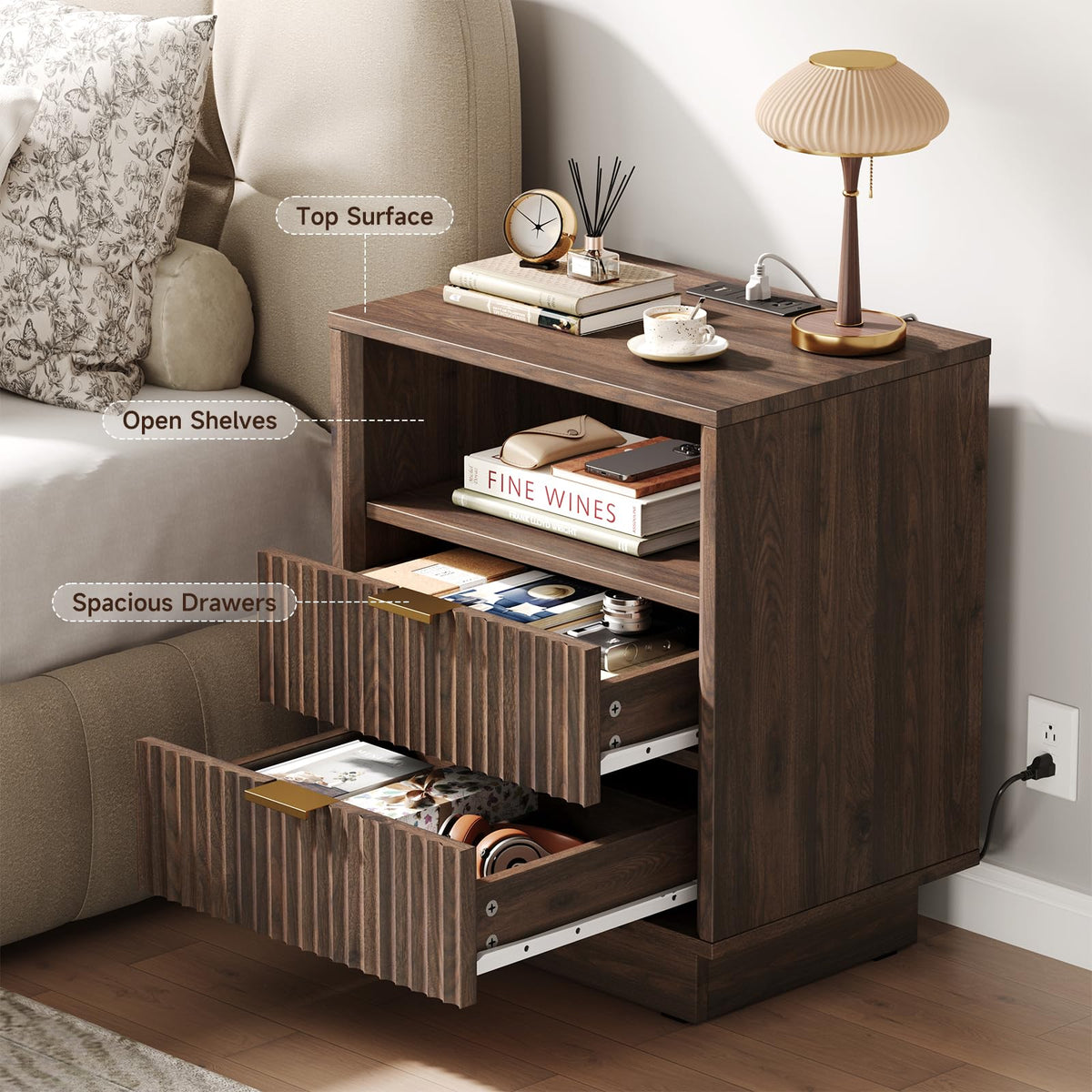 Nightstand with Charging Station, LED Light, 2-Drawer, Walnut, Bedroom
