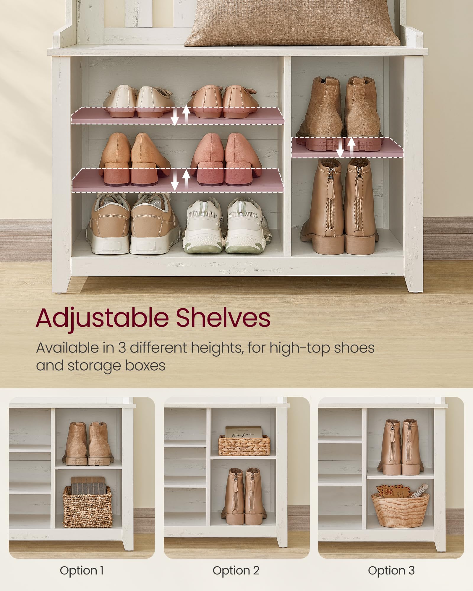 Hall Tree with Bench, Shoe Storage & 7 Double Hooks