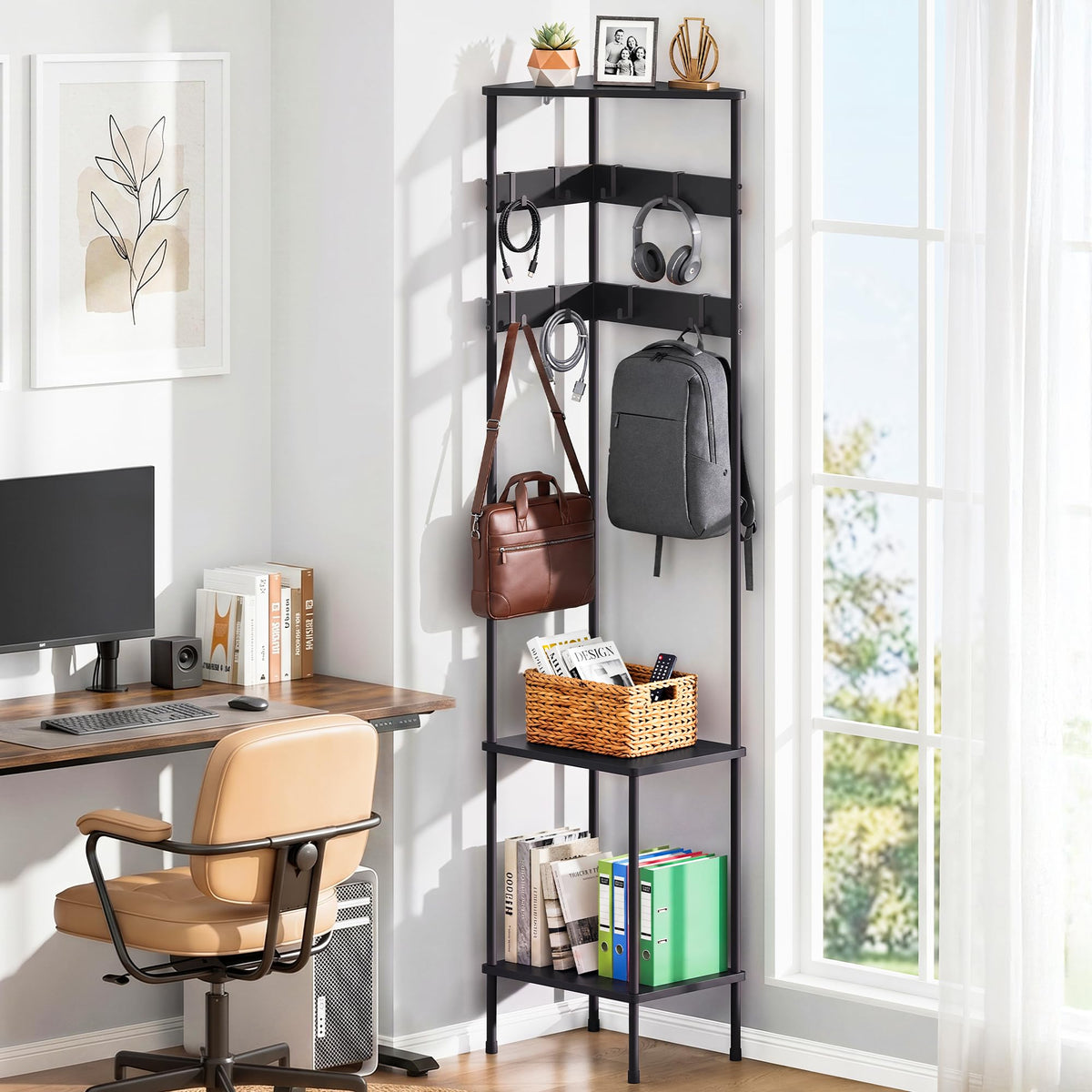 Corner Coat Rack with Shelves