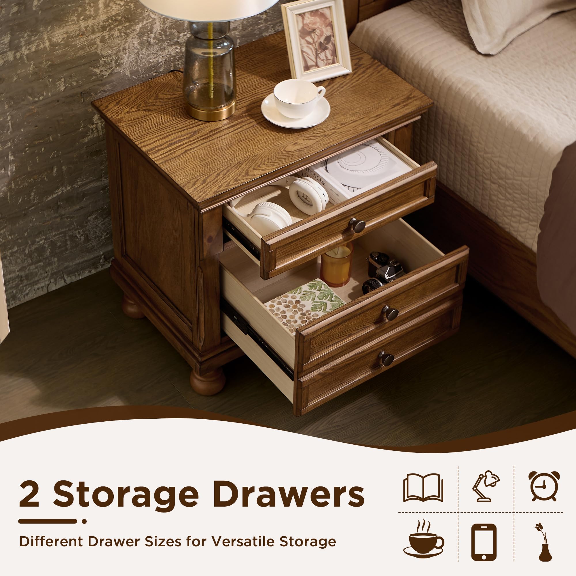 LUXOAK Fully Assembled Solid Wood Nightstand Set of 2 with 2 Drawers, Traditional Bedside End Table with 2 Storage Drawers for Bedroom, Light Brown