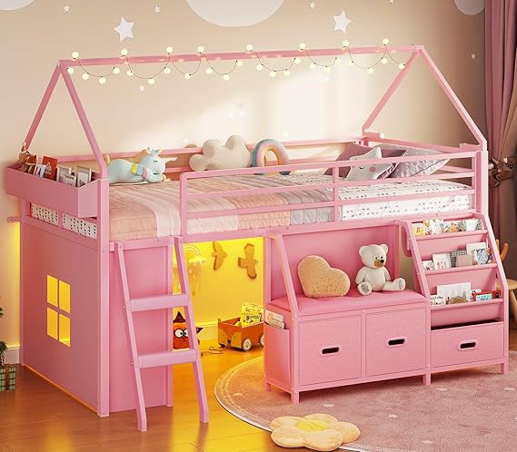 Kids Low Loft Bed Twin with Bookshelf, Reading Nook & LED Lights