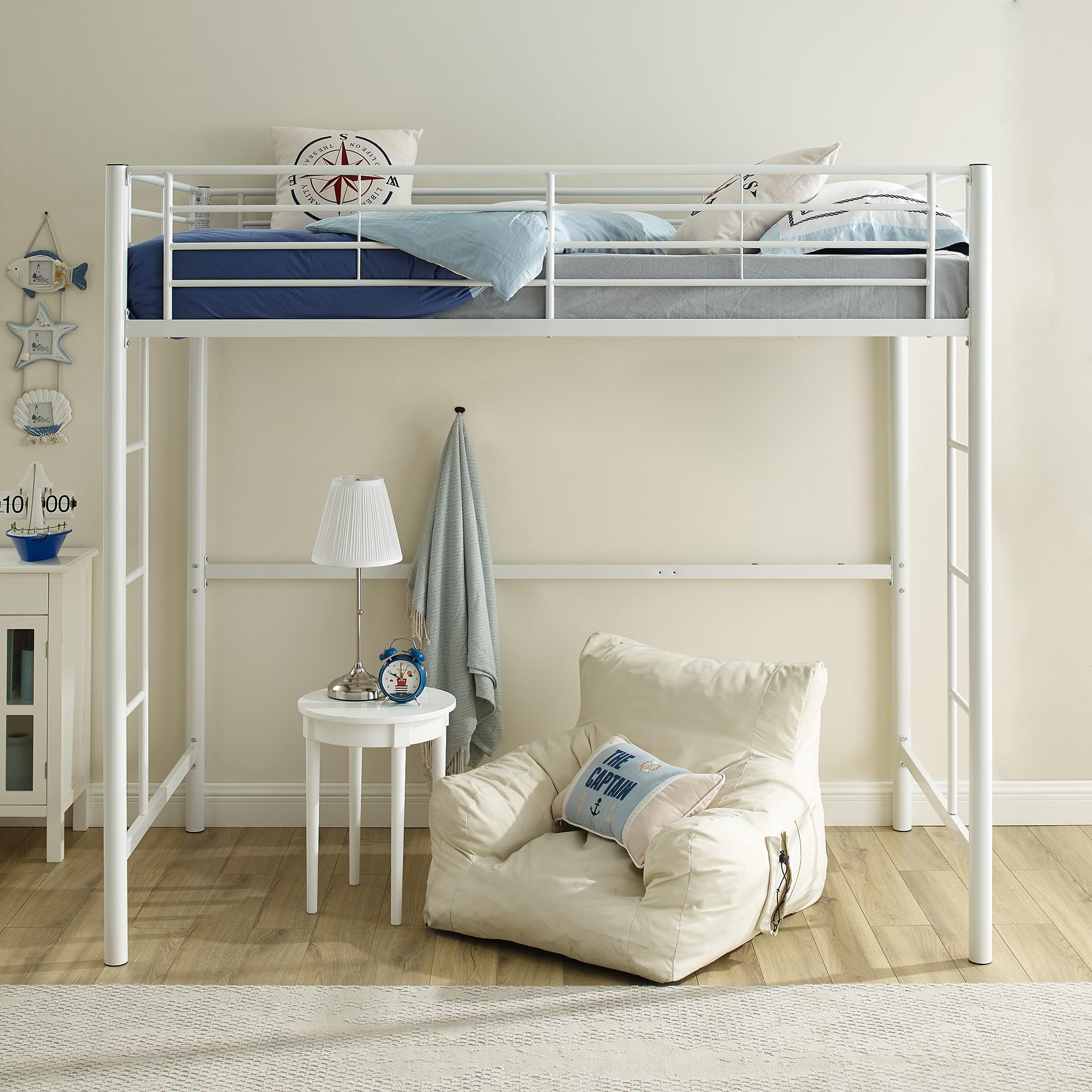 Metal Twin Loft Bed with Guardrails & Ladder