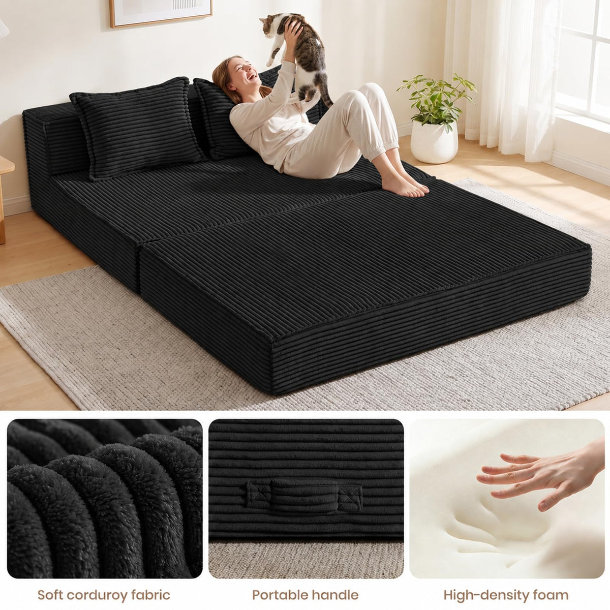 AOLVDOW Convertible Sofa Bed, Boneless Couch Loveseat Sleeper Chair Bed with 2 Pillows,Corduroy Floor Futon Folding Sofa Bed for Living Room Bedroom Guest Room (Black, Loveseat)