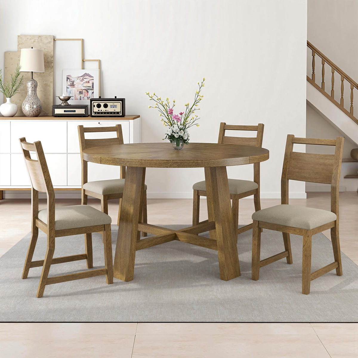 Round Solid Wood Dining Set for 4