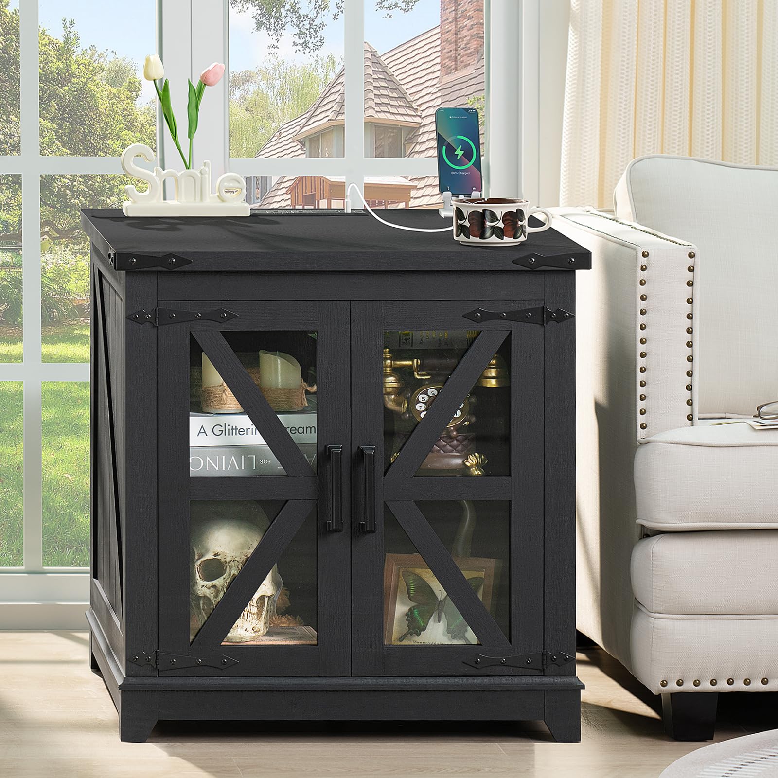 Farmhouse End Table with Charging Station & Glass Barn Door