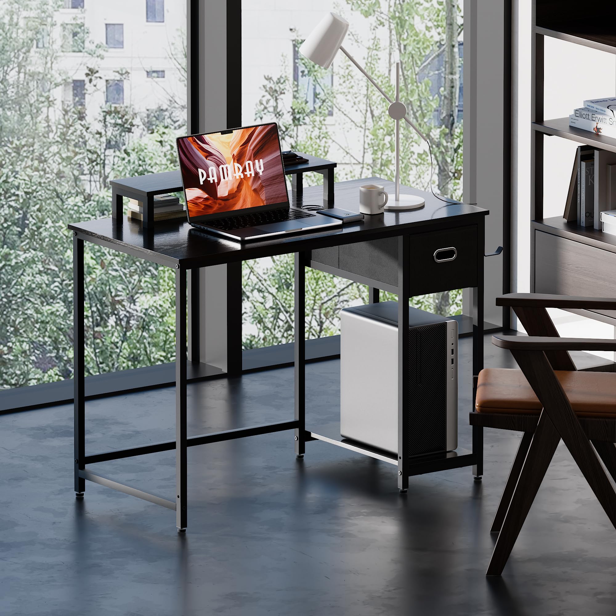 Computer Desk with Monitor Stand, Storage Drawer & Hooks