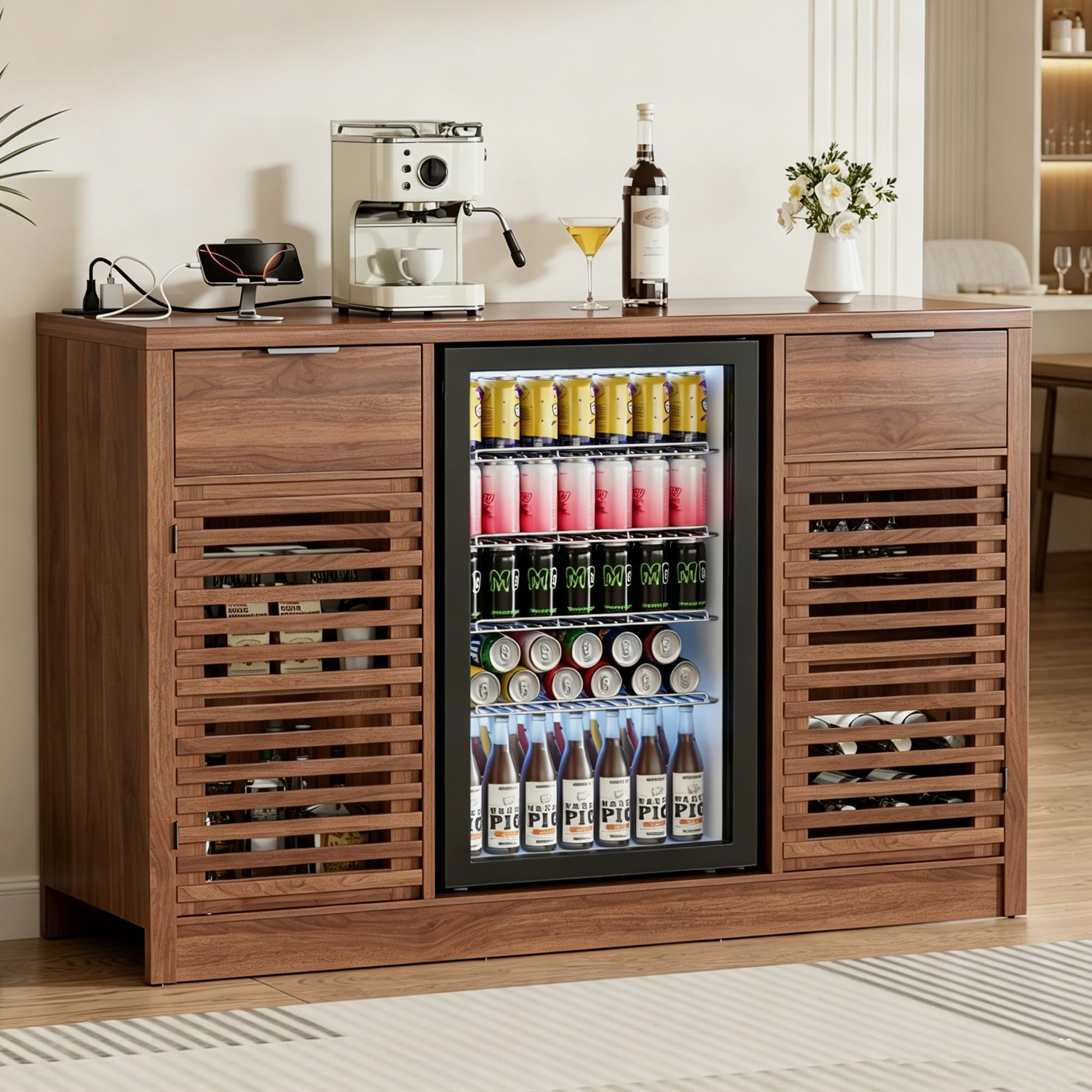 Coffee Bar Cabinet with Fridge Space, Liquor Wine Bar Cabinets with Wine Rack and Glass Holder, Mini Fridge Cabinet with Drawer & Storage, Fluted Buffet Sideboard for Dining Room, Kitchen (Walnut)