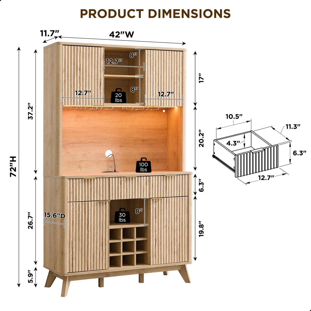 Fluted Bar Cabinet with LED Lights