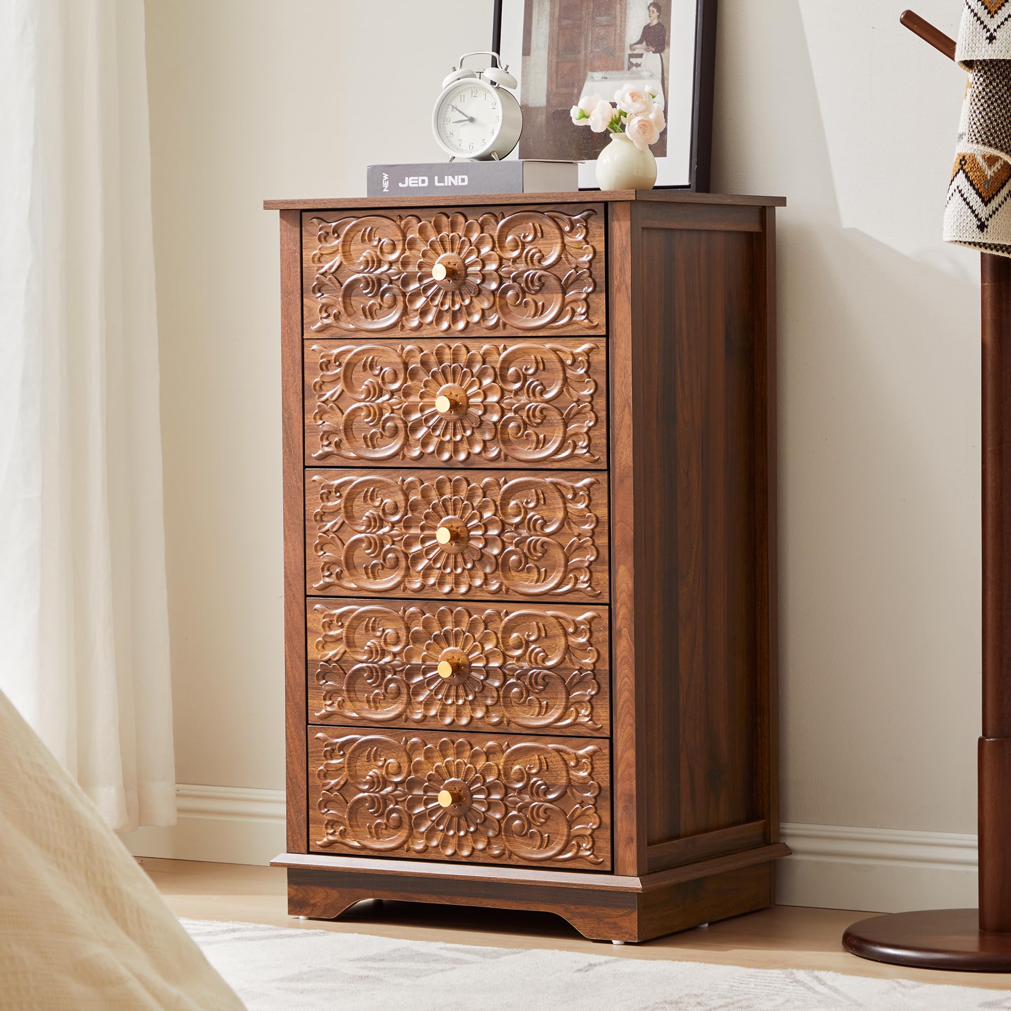 5-Drawer Narrow Dresser with Floral High-Gloss Front